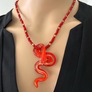Handmade Red & Gold Glass Beaded Necklace with Murano Glass Snake Pendant